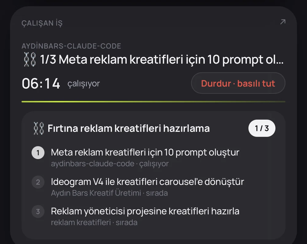 Zincir ekranı: üç projeye dağılmış sıralı adımlar ve çalışan işin canlı süresi
